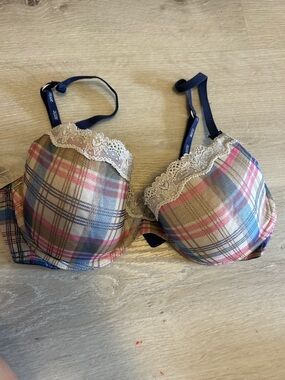 aerie Plaid Lace-Trim Bra in Pink & Blue